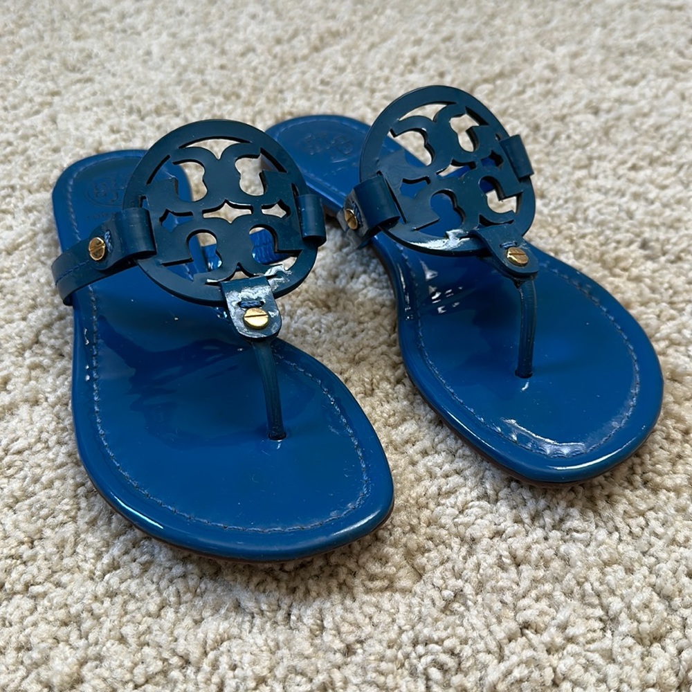 Tory Burch Blue Patent Leather Miller Sandals with Gold Hardware
